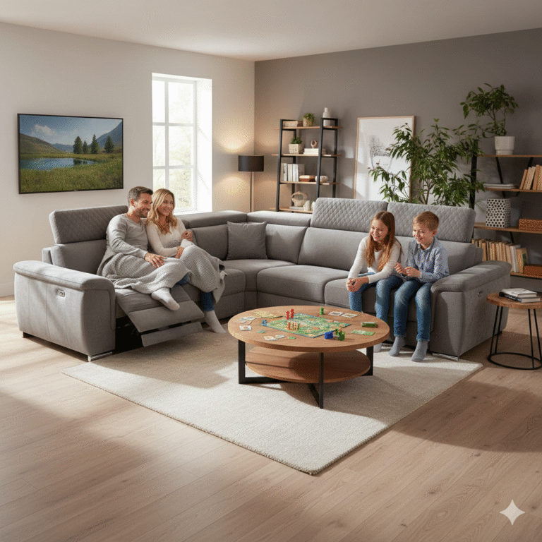 Szary, tapicerowany narożnik wypoczynkowy marki Wersal z siedzącą na nim rodziną